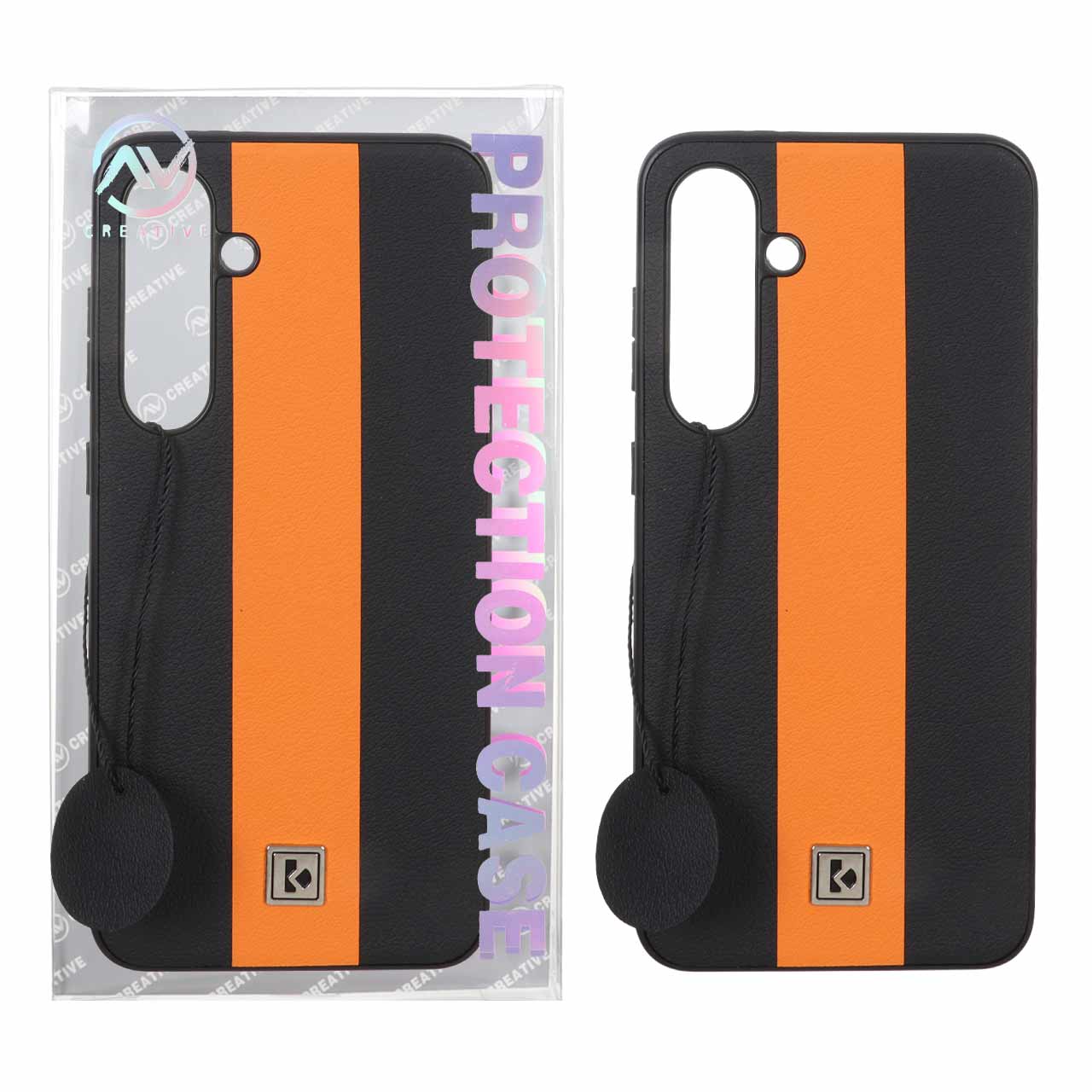 قاب Protection Case طرح چرم لوگو فلزی Samsung Galaxy S24 FE - مشکی نارنجی (پک دار)