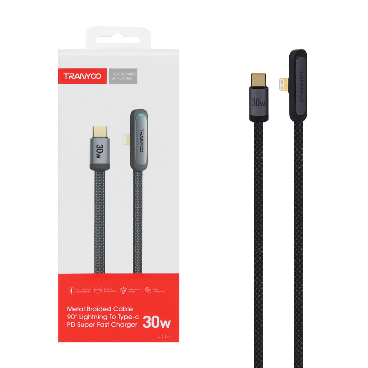 کابل شارژ 1.2 متری فست Tranyoo Type-C to Lightning مدل CL-3 - مشکی خاکستری