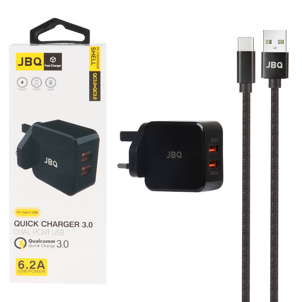 شارژر دیواری فست دو پورت JBQ مدل HC-12F2 30W همراه با کابل Type-C - مشکی (گارانتی یکساله رصاصی)