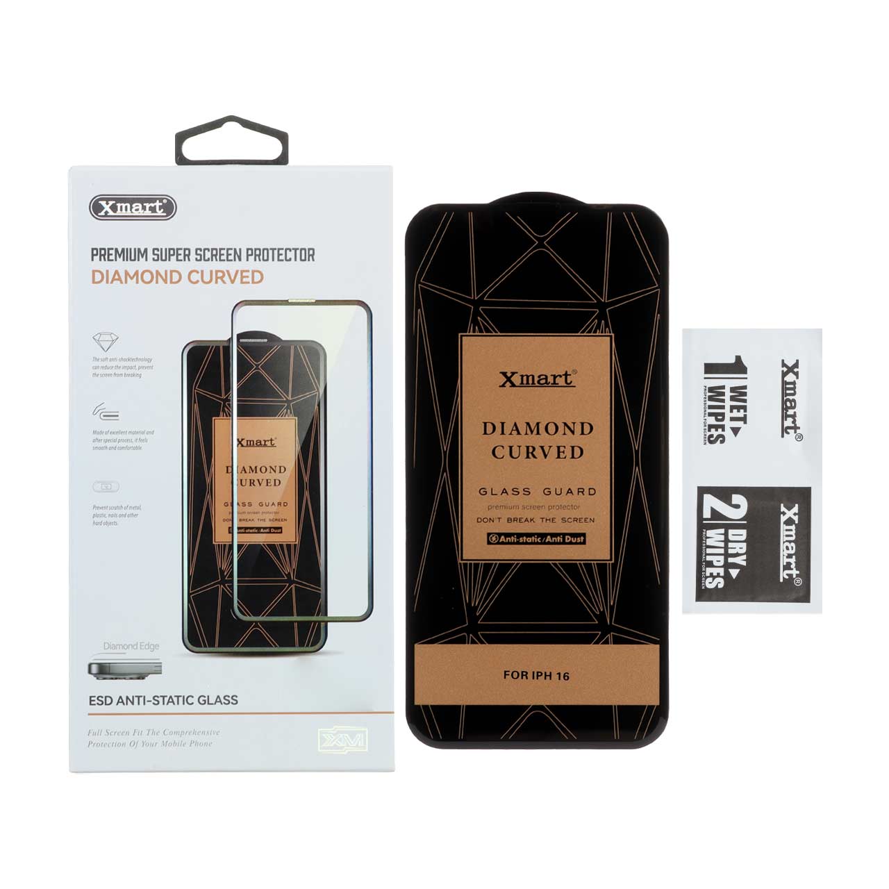 محافظ صفحه نمایش شیشه ای اورجینال XMART - Diamond Curved ESD Anti Static مدل Apple iphone 16 (پک دار)