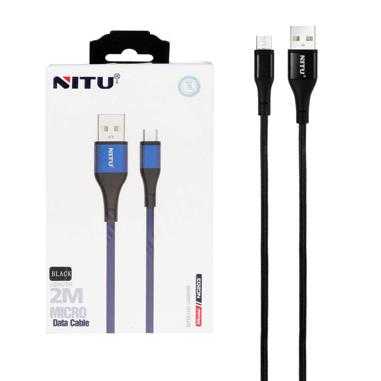 کابل شارژ فست 2 متری اندروید NITU مدل NC203 - مشکی (گارانتی 18 ماه تعویض نیکان همراه)