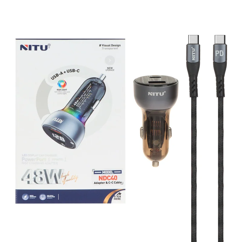 شارژر فندکی فست و PD دو پورت Nitu مدل NDC40 48W به همراه کابل شارژ Type-C To Type-C - خاکستری