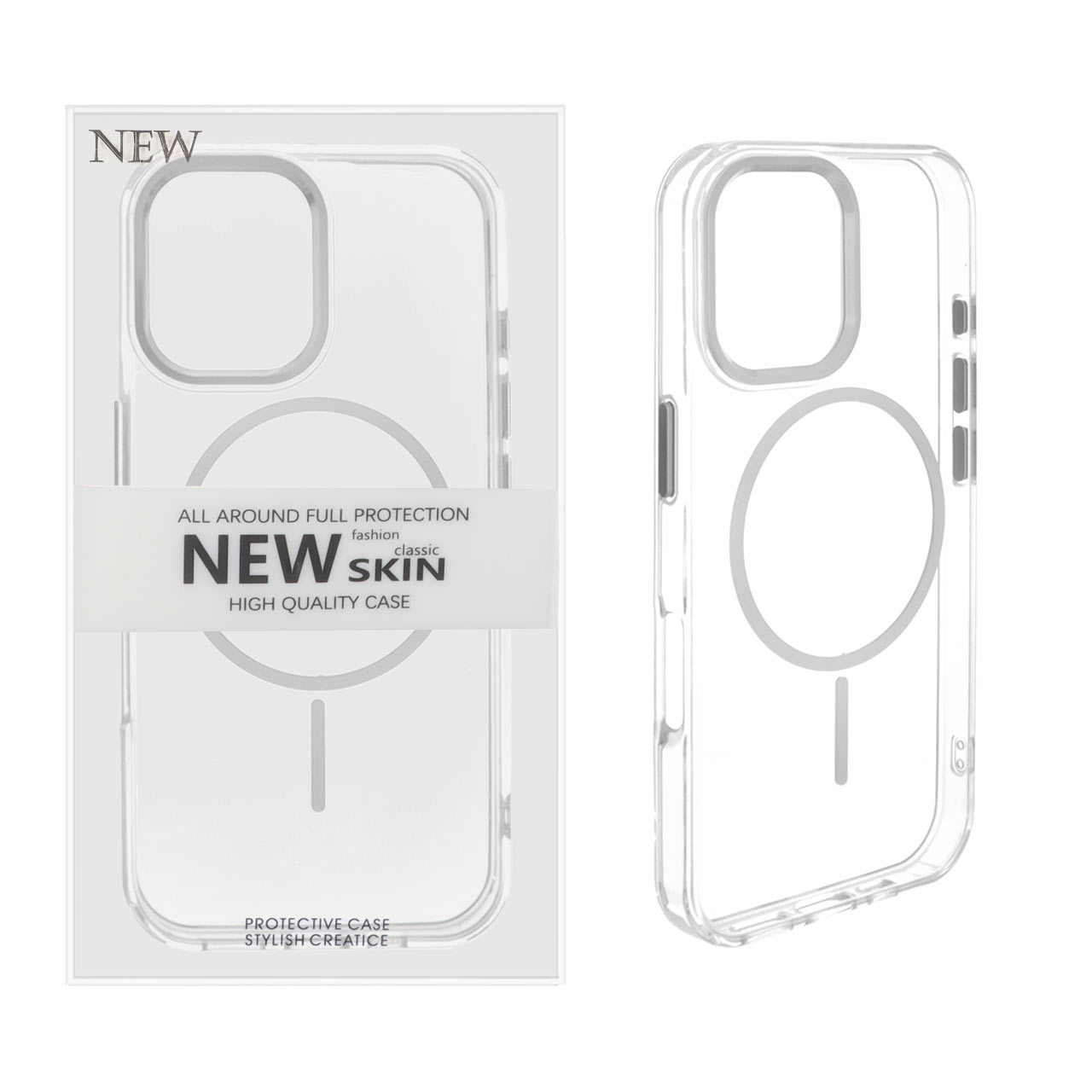 قاب اورجینال New Skin شفاف MagSafe لنز آلومینیومی Apple iPhone 16 - نقره ای (پک دار)