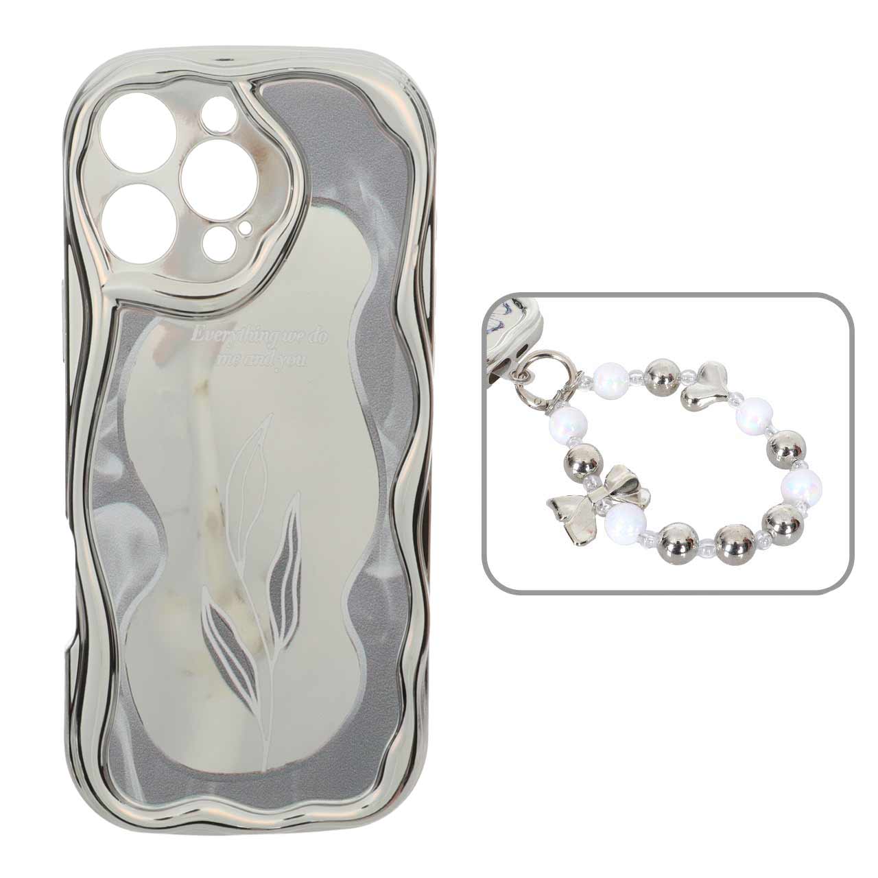 قاب کنگره ای آینه ای طرح دار با آویز مچی مرواریدی Apple iPhone 16 Pro Max - کد 147