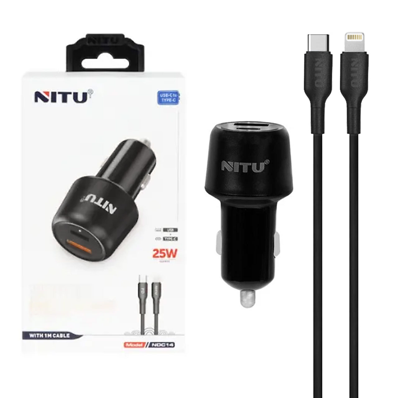 شارژر فندکی فست و PD دو پورت Nitu مدل NDC14 25W همراه با کابل Type-C To Lightning - مشکی (گارانتی 18 ماه تعویض نیکان همراه)