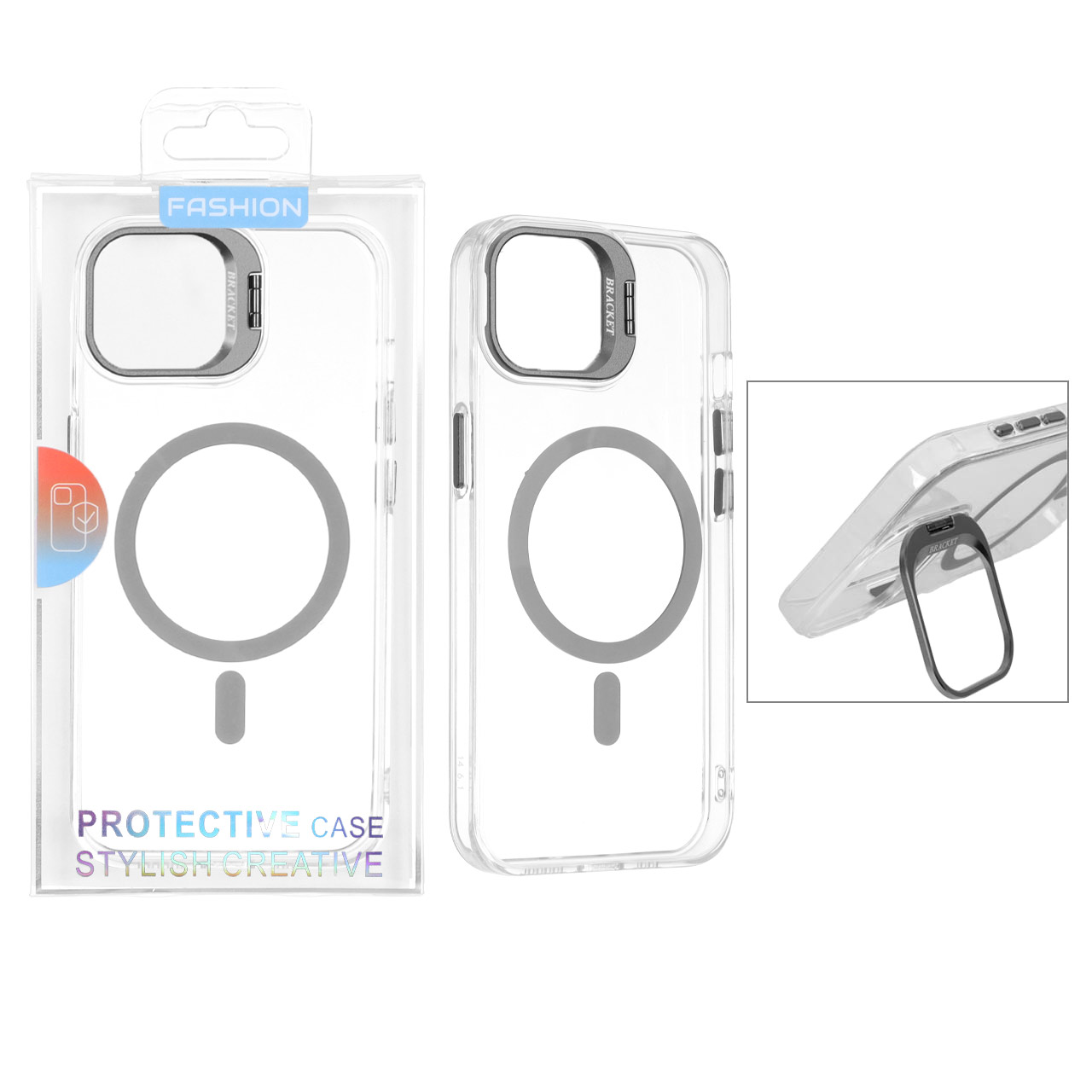 قاب اورجینال Bracket کریستالی MagSafe لنز استندشو Apple iPhone 13 / iPhone 14 - خاکستری (پک دار)