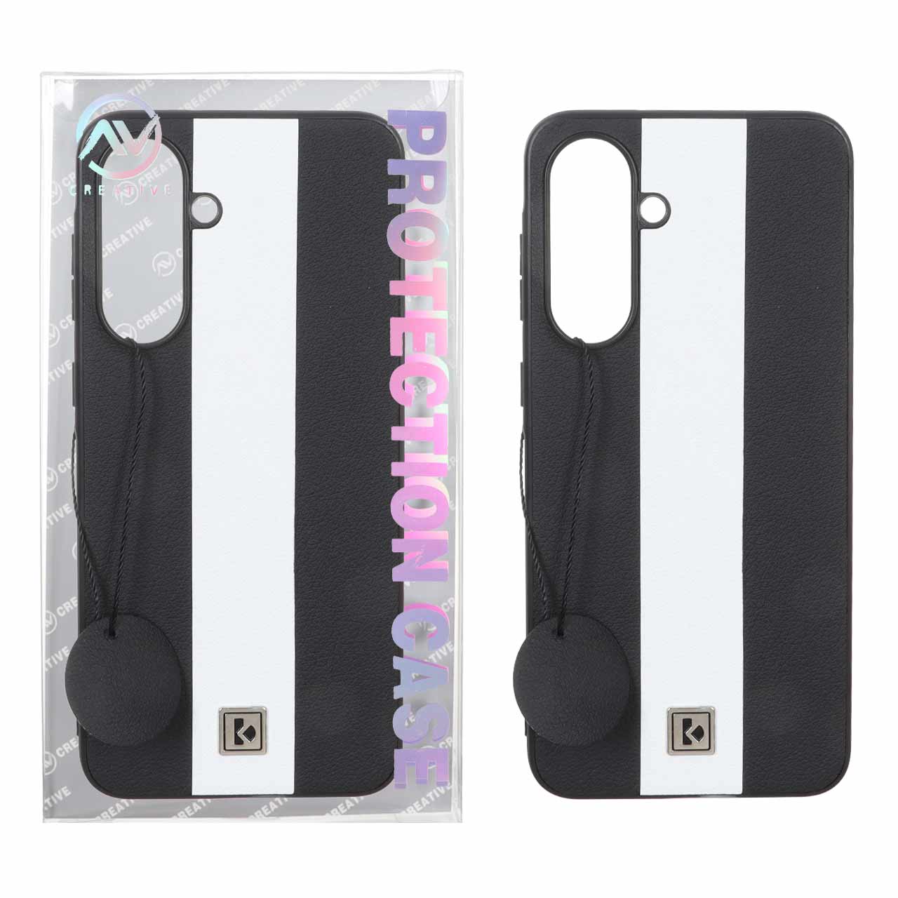 قاب Protection Case طرح چرم لوگو فلزی Samsung Galaxy A56 / A36 - مشکی سفید (پک دار)