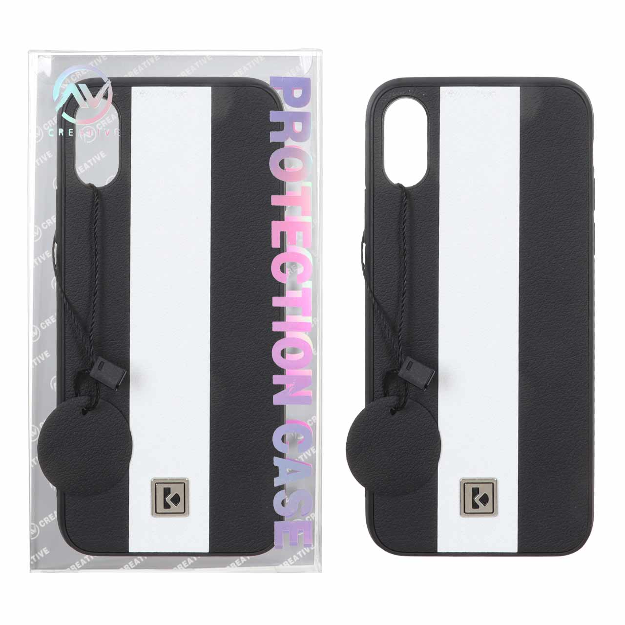 قاب Protection Case طرح چرم لوگو فلزی Apple iPhone X / iPhone XS - مشکی سفید (پک دار)