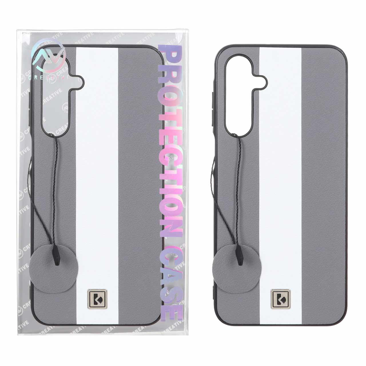 قاب Protection Case طرح چرم لوگو فلزی Samsung Galaxy A16 - خاکستری سفید (پک دار)