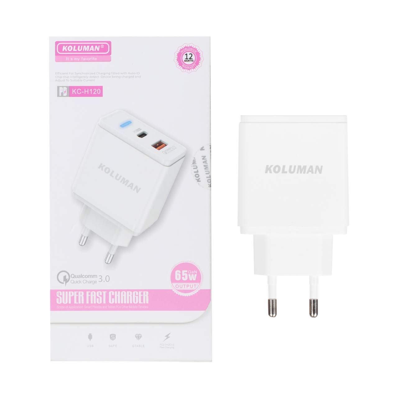 شارژر دیواری فست و PD دو پورت Koluman مدل KC-H120 65W - سفید (گارانتی یکساله PMC)