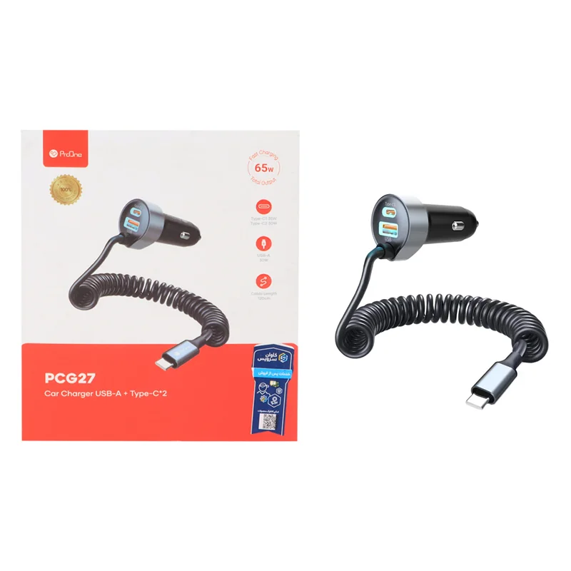 شارژر فندکی فست و PD سه پورت ProOne مدل PCG27 به همراه کابل متصل - مشکی