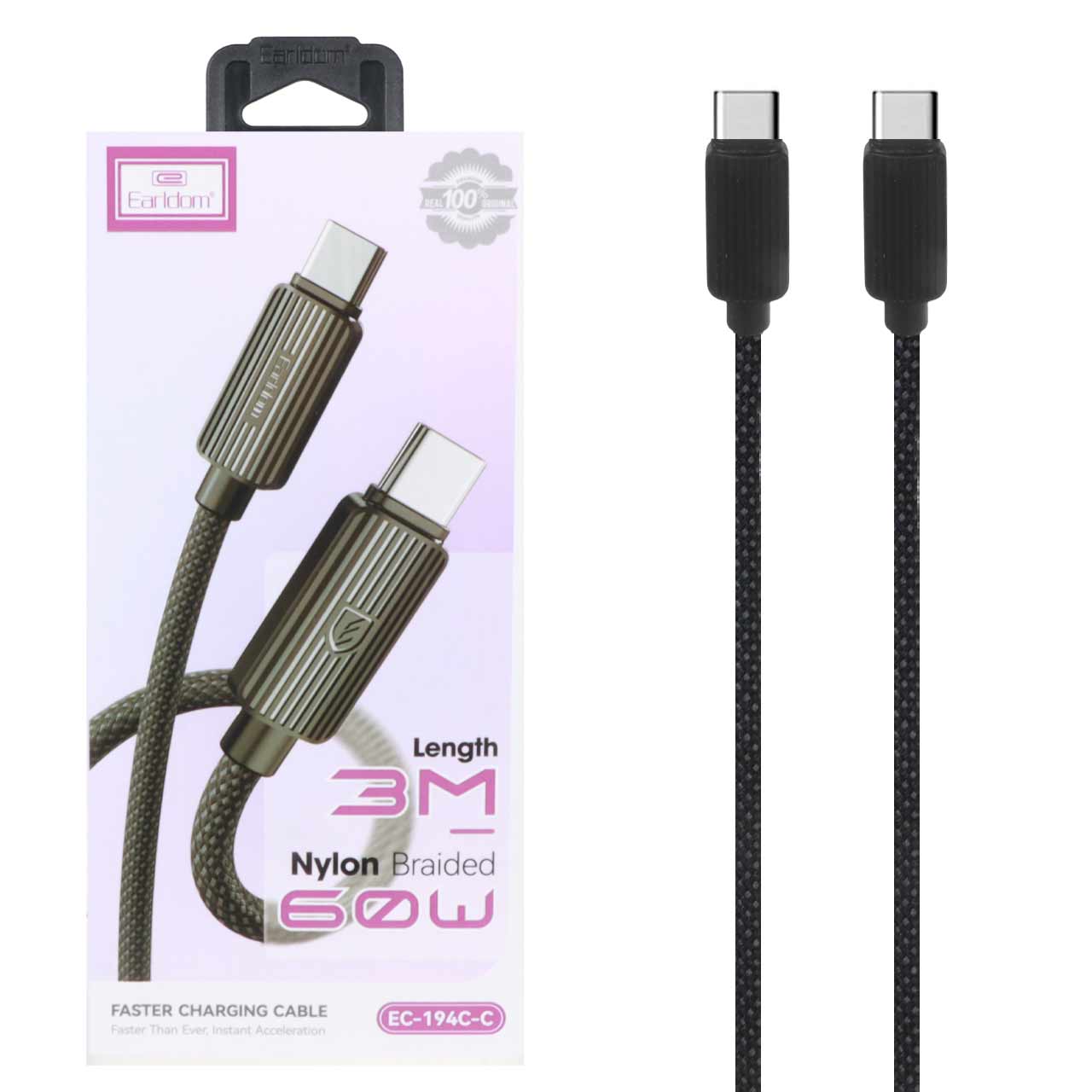 کابل شارژ 3 متری PD و فست Earldom Type-C To Type-C مدل EC-194C-C 60W - مشکی