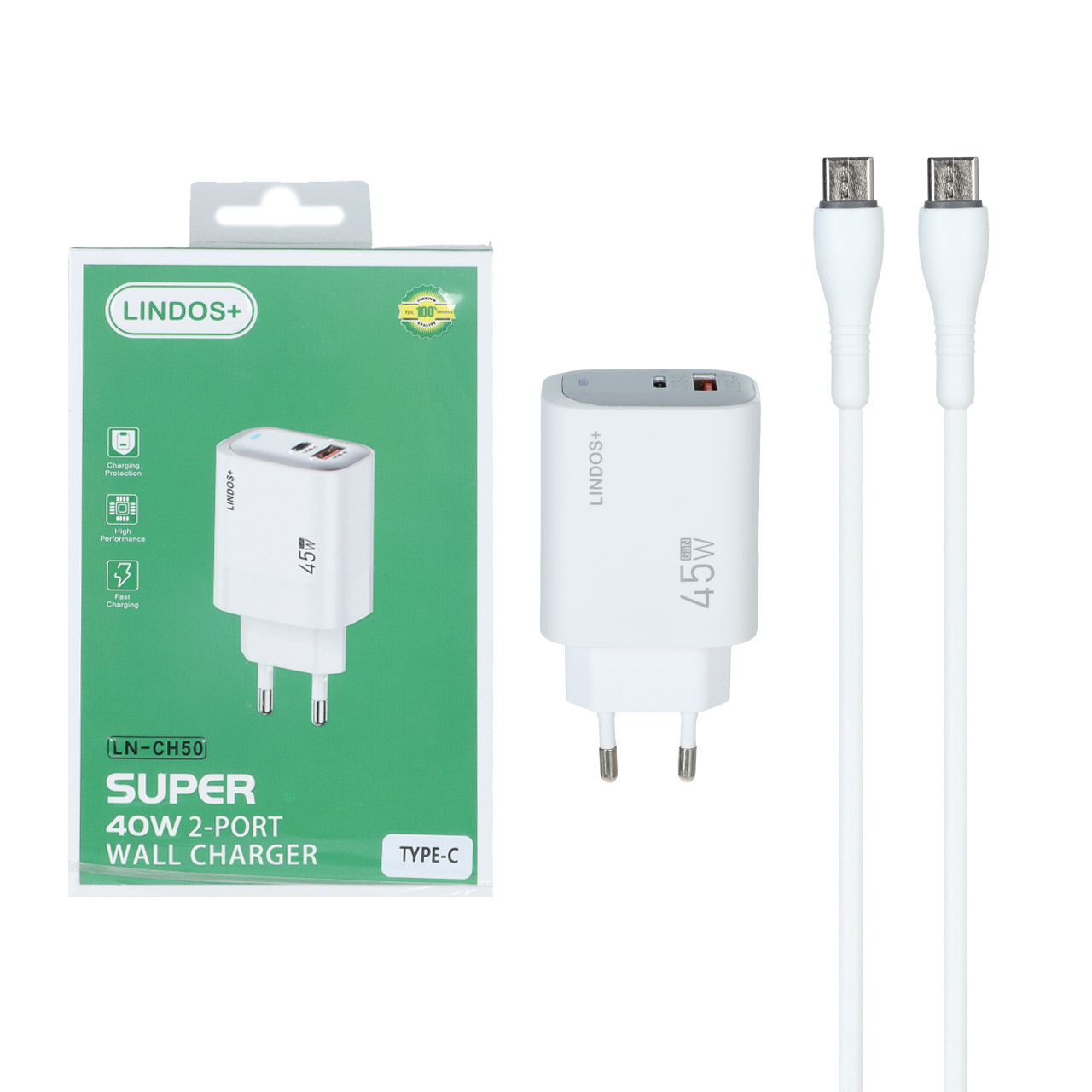 شارژر دیواری فست و PD دو پورت +Lindos مدل LN-CH50 40W به همراه کابل شارژ Type-C To Type-C - سفید