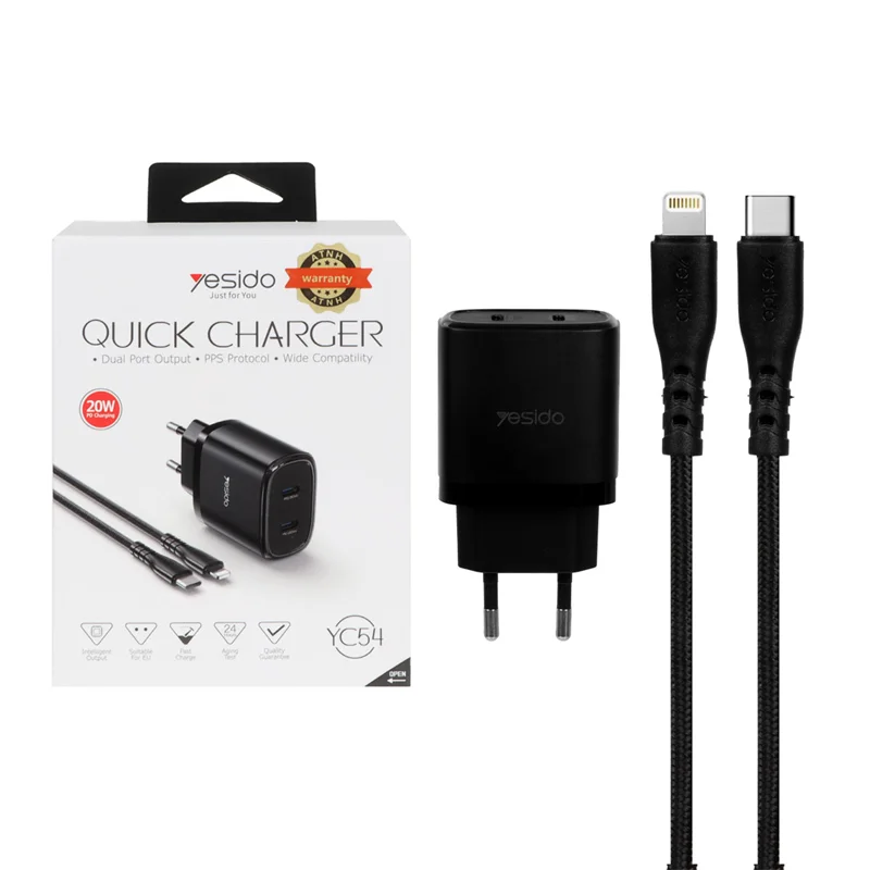 شارژر دیواری فست و PD دو پورت Yesido مدل YC54 20W به همراه کابل شارژ آیفون - مشکی