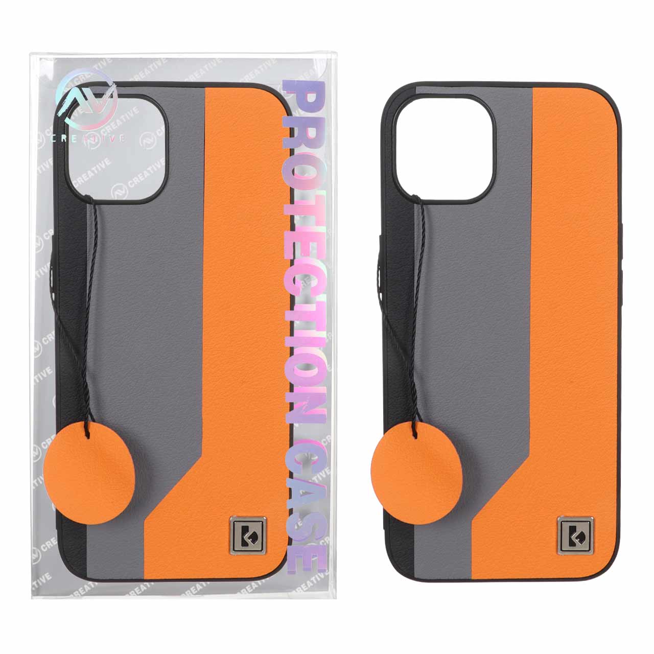 قاب Protection Case طرح چرم لوگو فلزی Apple iPhone 13 / iPhone 14 - خاکستری نارنجی (پک دار)