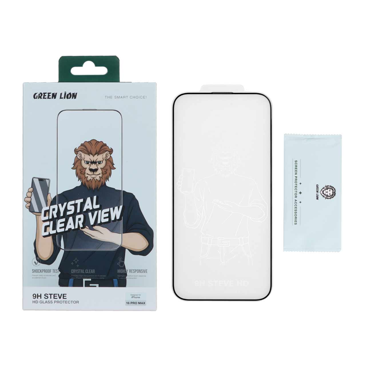 محافظ صفحه نمایش شیشه ای اورجینال Green Lion Steve مدل Apple iPhone 16 Pro Max (پک دار)