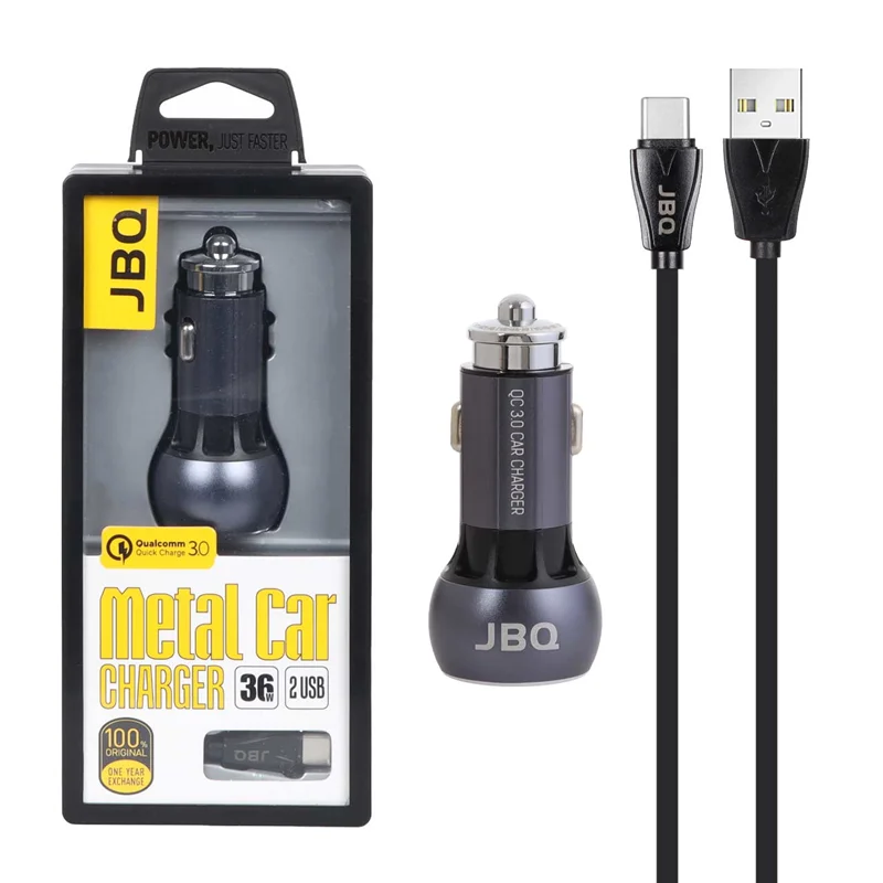 شارژر فندکی فست دو پورت JBQ مدل C503Q 36W همراه با کابل Type-C - خاکستری (گارانتی یکساله رصاصی)
