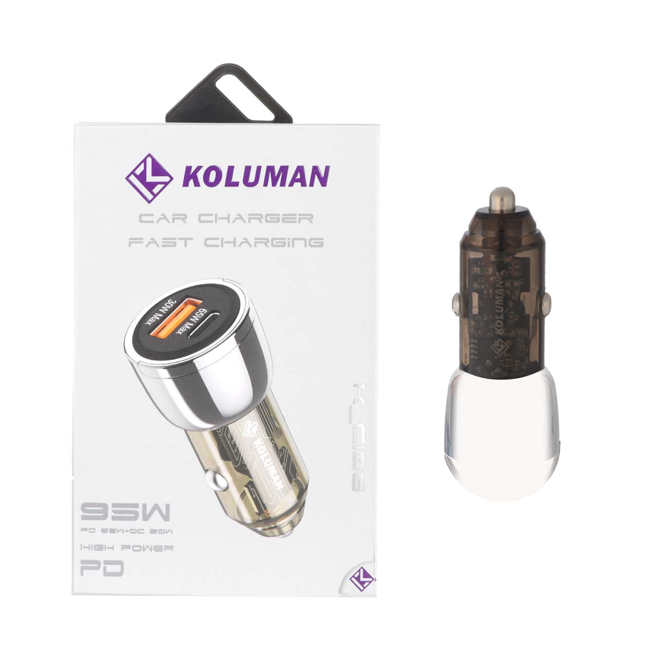 شارژر فندکی فست و PD دو پورت Koluman مدل K-C106 95W - نقره ای (گارانتی یکساله PMC)