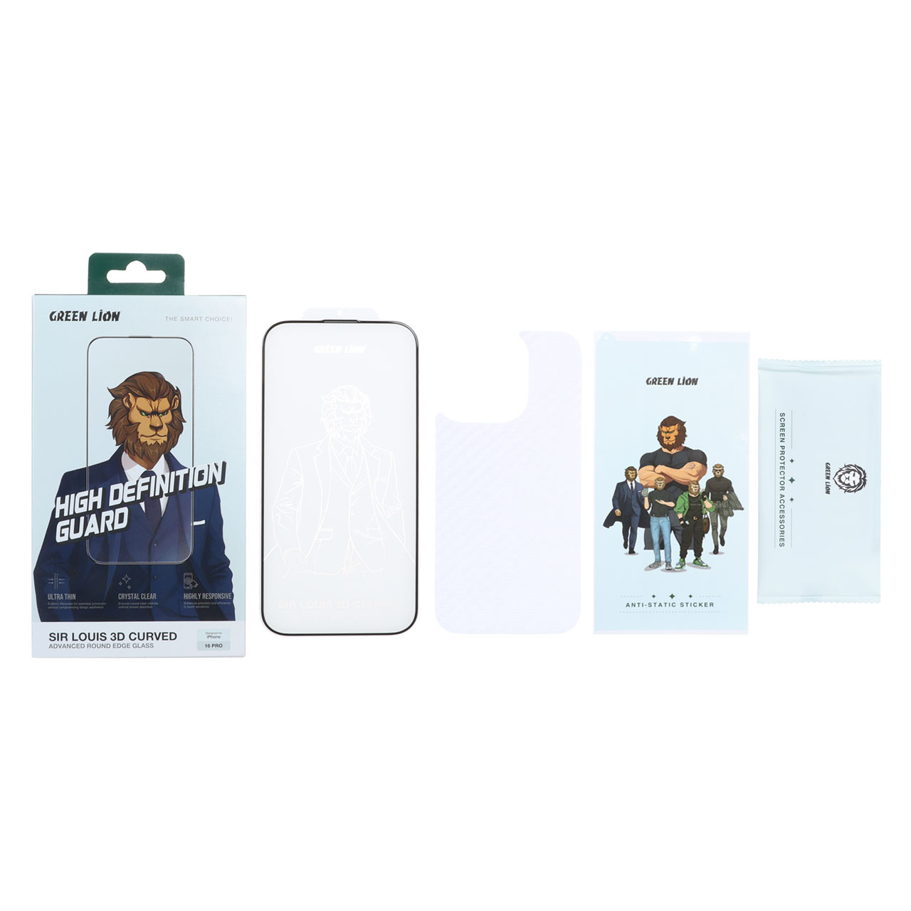 محافظ صفحه نمایش شیشه ای اورجینال Green Lion Sir Louis 3D Curved با برچسب پشت گوشی مدل Apple iPhone 17 / iPhone 16 Pro (پک دار)