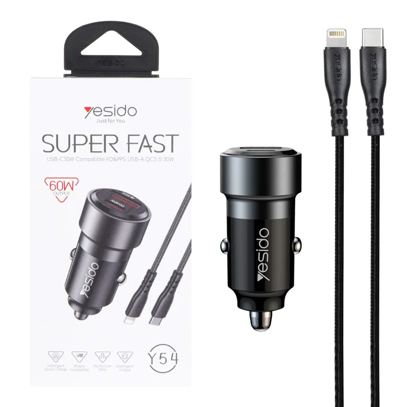شارژر فندکی PD و فست دو پورت Yesido مدل Y54 60W به همراه کابل شارژ Type-C To Lightning - مشکی