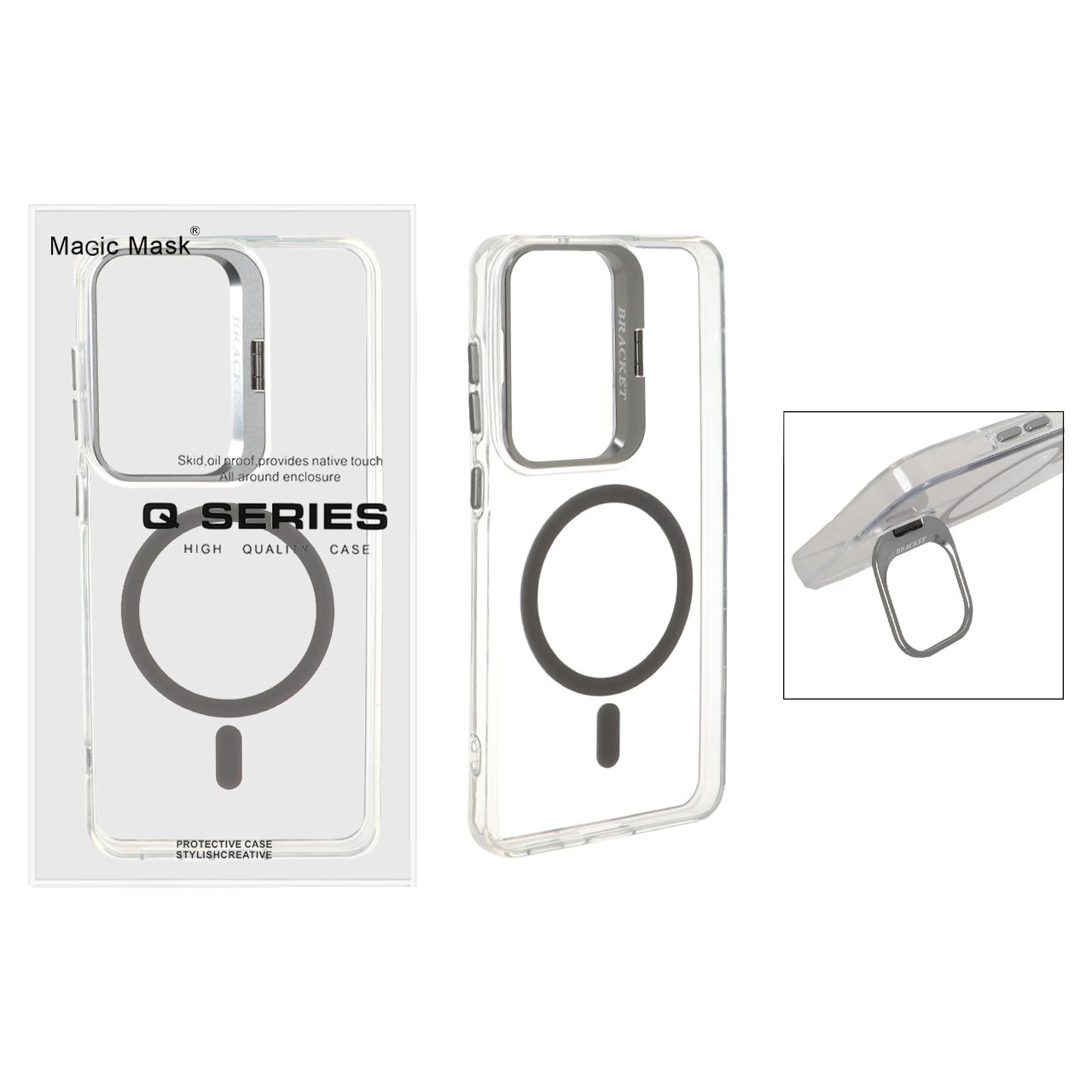 قاب اورجینال Q Series Bracket کریستالی Magsafe لنز استندشو Samsung Galaxy S21 FE - خاکستری (پک دار)