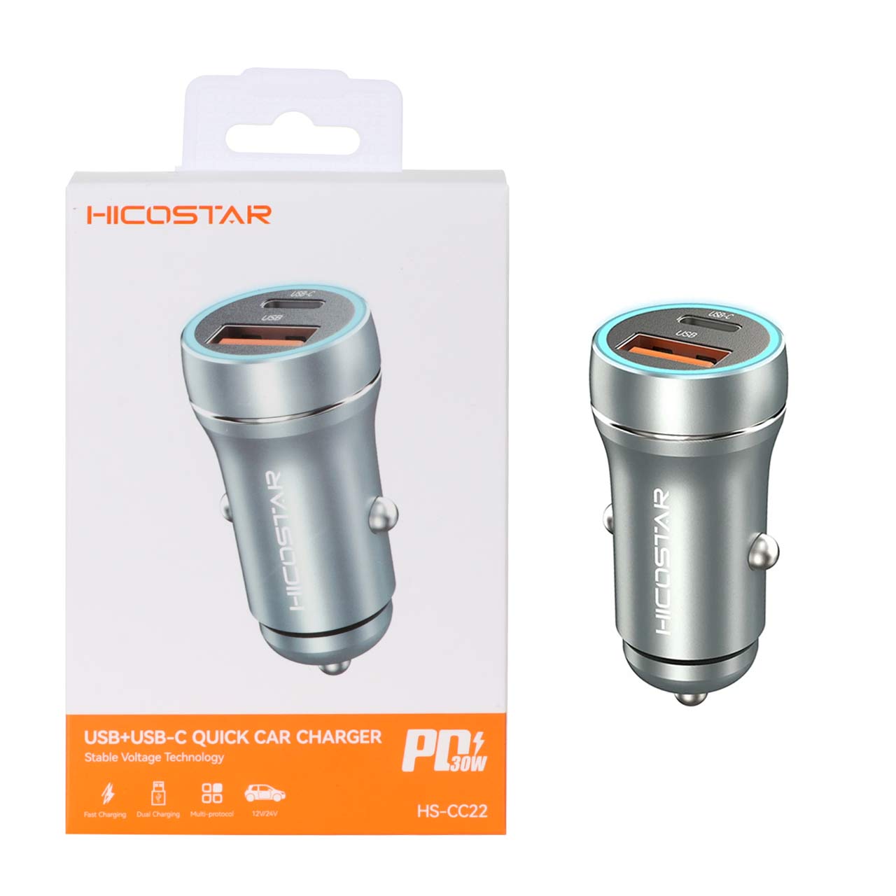 شارژر فندکی 30W فست و PD دو پورت Hicostar مدل HS-CC22 - خاکستری