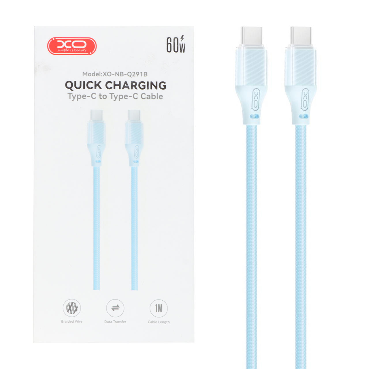 کابل شارژ فست XO Type-C to Type-C مدل XO-NB-Q291B 60W - آبی