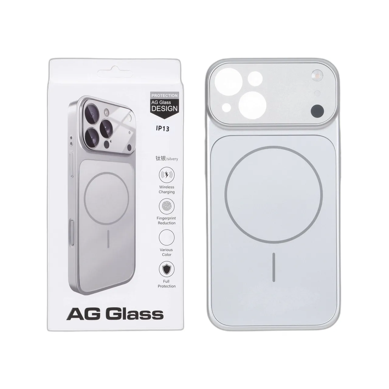 قاب اورجینال AG Glass محافظ لنز برجسته شیشه ای Magsafe مدل Apple iPhone 13 / iPhone 14 - نقره ای