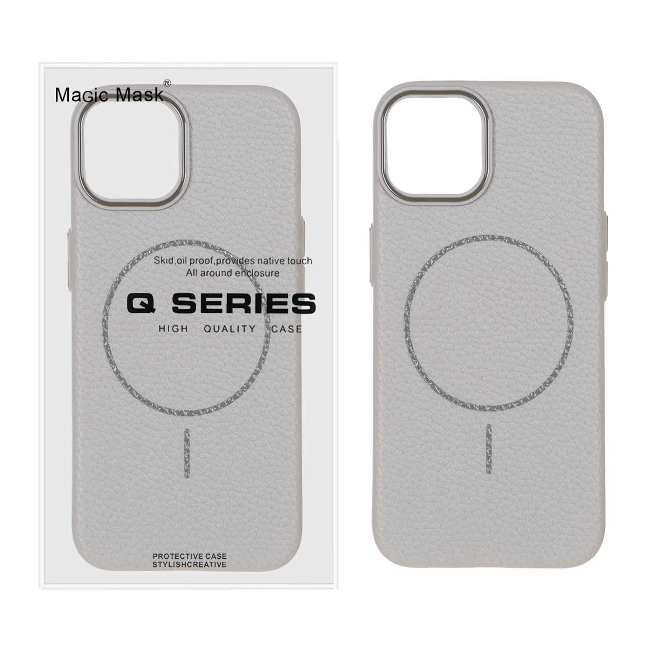 قاب اورجینال Magic Mask طرح چرم Magsafe مدل Apple iPhone 13 / iPhone 14 - طوسی (پک دار)