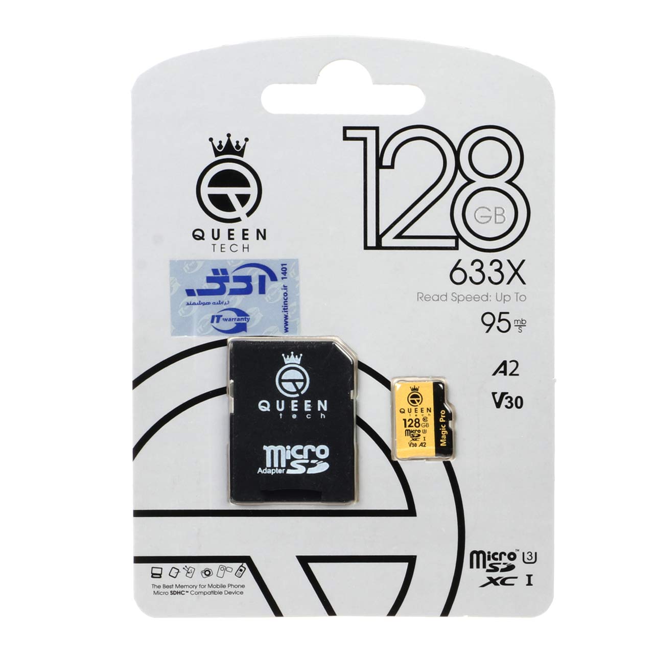 (گارانتی مادام‌العمر شرکت آی تین) Queen tech microSDXC & adapter U3 Class 10 633X -95MB/s - 128GB مشکی طلایی