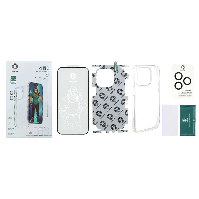 قاب اورجینال Green Lion 4IN1 با ست برچسب پشت و محافظ لنز و صفحه نمایش مدل Apple iPhone 14 Pro - مشکی (پک دار)