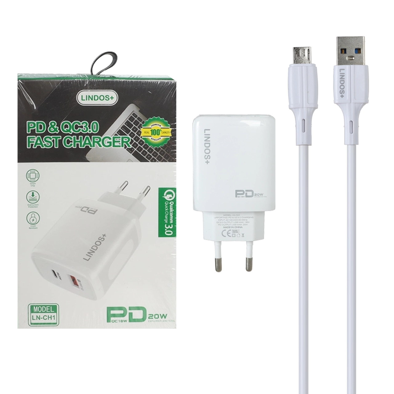شارژر دیواری فست و PD دو پورت +Lindos مدل LN-CH1 20W به همراه کابل شارژ اندروید - سفید