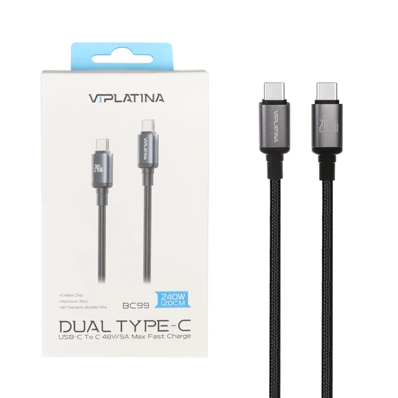 کابل شارژ فست 1.2 متری VIPLATINA Type-C To Type-C مدل BC99 240W - مشکی