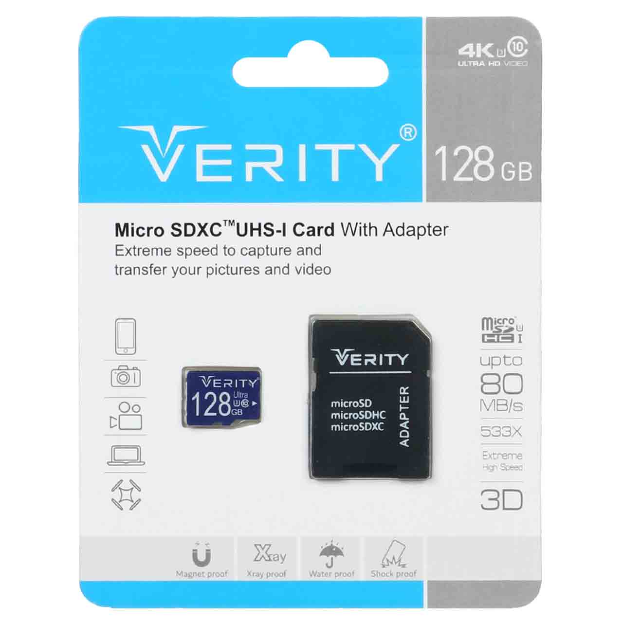 Verity microSDXC & adapter UHS-I U3 Class 10 Extreme-80MB/s-128GB(گارانتی آسان سرویس)