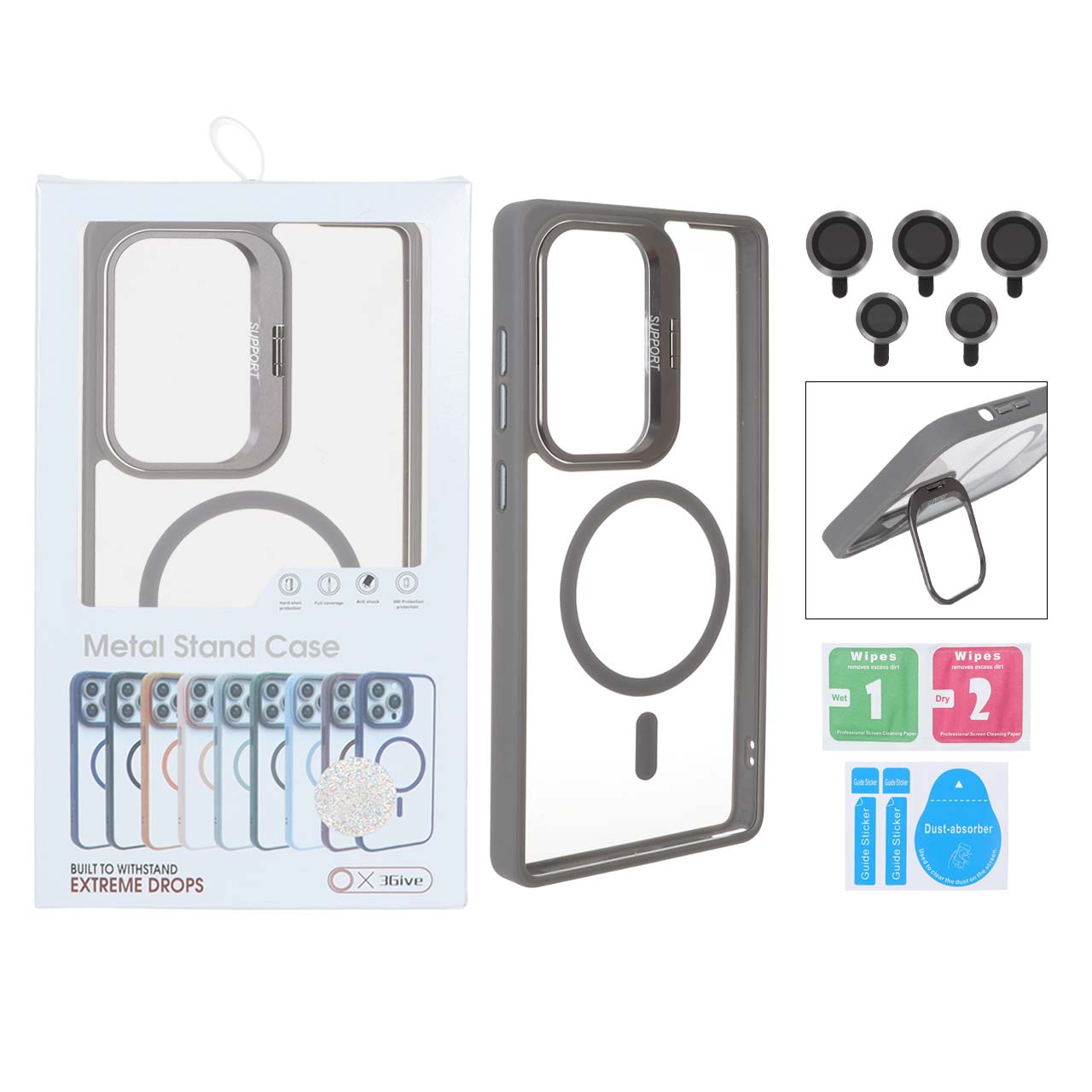 قاب Support لنز آلومینیومی Magsafe با ست محافظ لنز رینگی Samsung Galaxy S25 Ultra - خاکستری (پک دار)