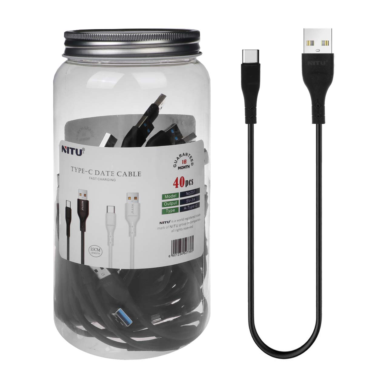 کابل شارژ پاوربانک فست NITU Type-C مدل NC251 - مشکی (بسته 40 عددی)