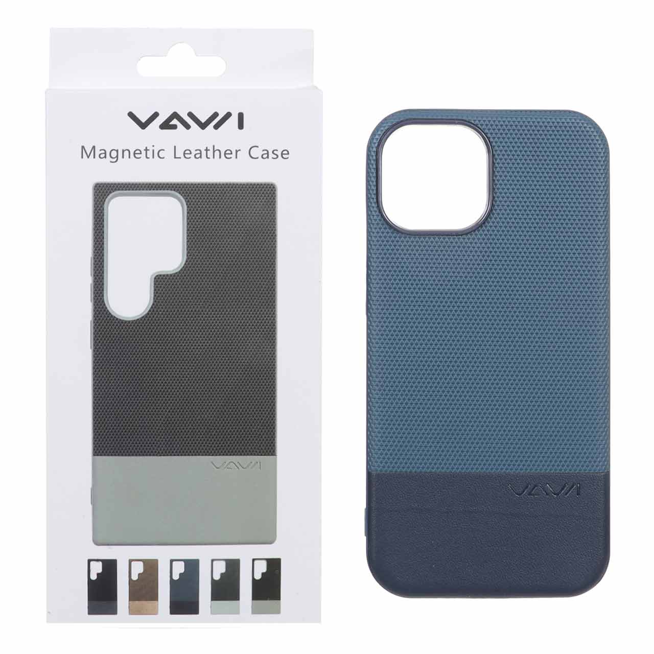 قاب Vawi چرمی دو تکه MagSafe مدل Apple iPhone 15 / iPhone 14 / iPhone 13 - سرمه ای (پک دار)