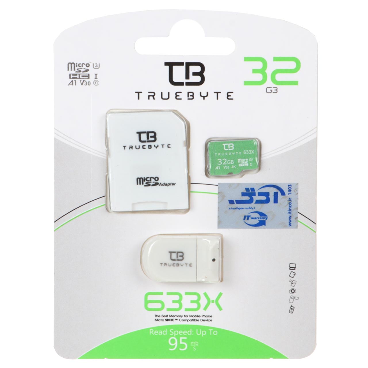 سفید (گارانتی مادام‌العمر شرکت آی تین) TRUEBYTE microSDXC & adapter U3 Class 10 633X -95MB/s - 32GB