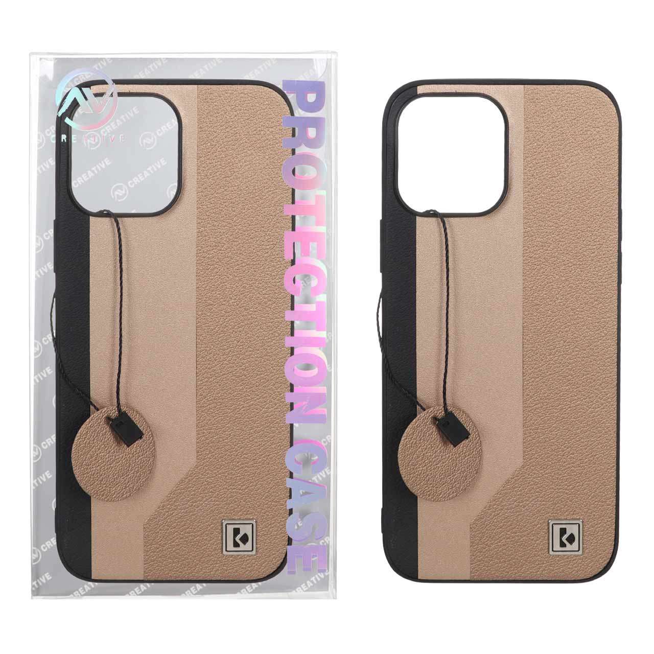 قاب Protection Case طرح چرم لوگو فلزی Apple iPhone 13 Pro Max - طلایی (پک دار)