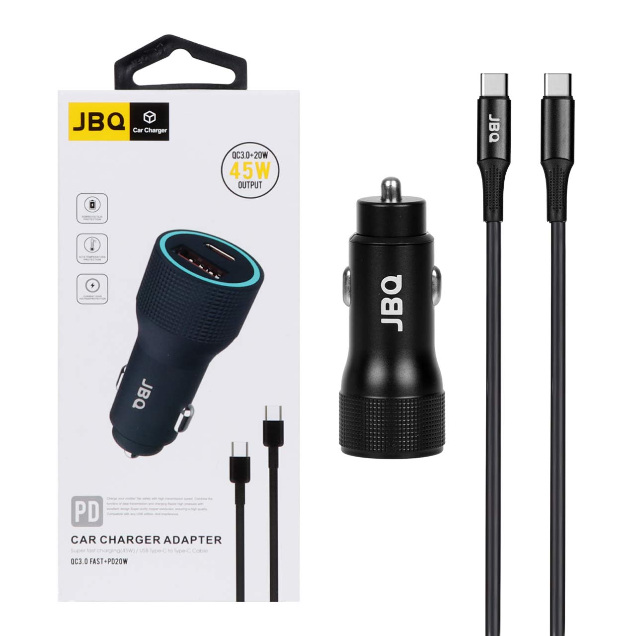 شارژر فندکی فست و PD دو پورت JBQ مدل CC-P8 45W همراه با کابل Type-C - مشکی (گارانتی یکساله رصاصی)