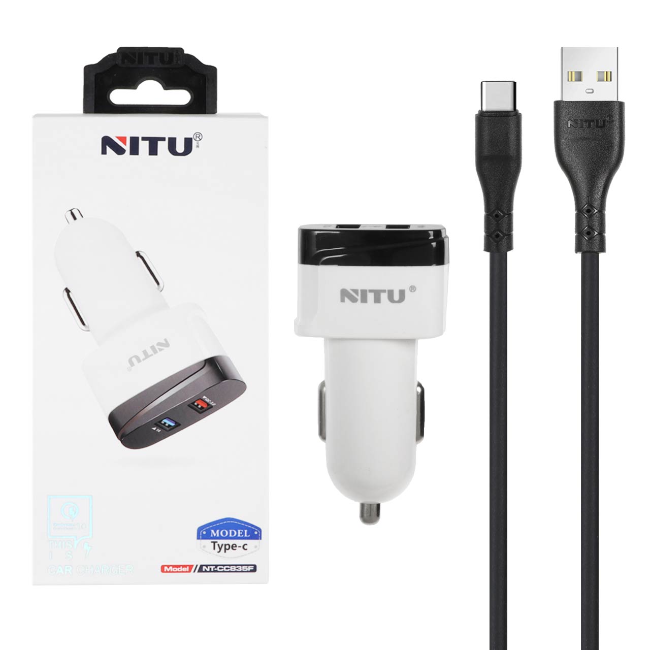 شارژر فندکی فست دو پورت Nitu مدل NT-CC835F به همراه کابل شارژ Type-C - سفید