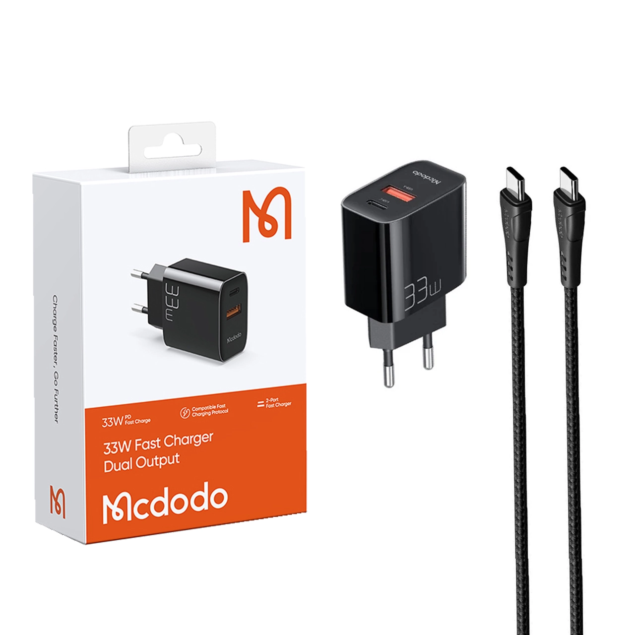 شارژر دیواری PD و فست شارژ دو پورت Mcdodo مدل CH-092 33W به همراه کابل شارژ Type-C To Type-C - مشکی (گارانتی متین)