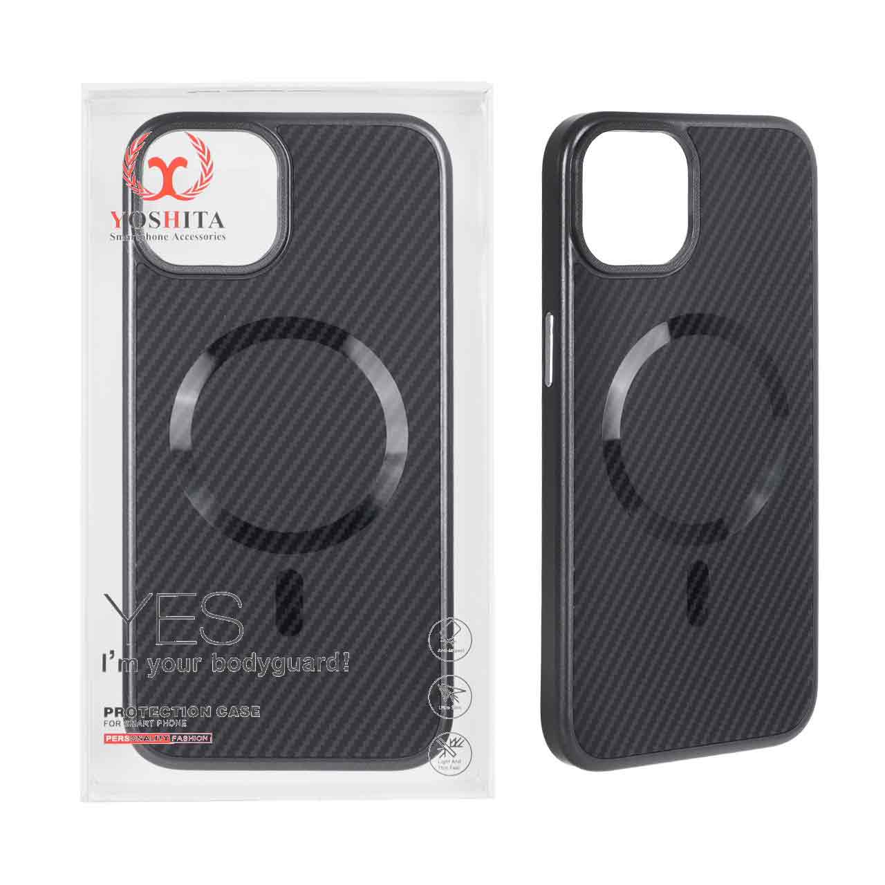قاب اورجینال Yoshita Magsafe طرح کربن دکمه فلزی Apple iPhone 13 / iPhone 14 - مشکی (پک دار)