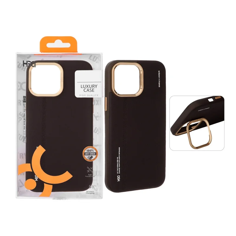 قاب اورجینال HDD طرح کربن محافظ لنز فلزی استندشو Apple iPhone 13 Pro Max - قهوه ای تیره (پک دار)