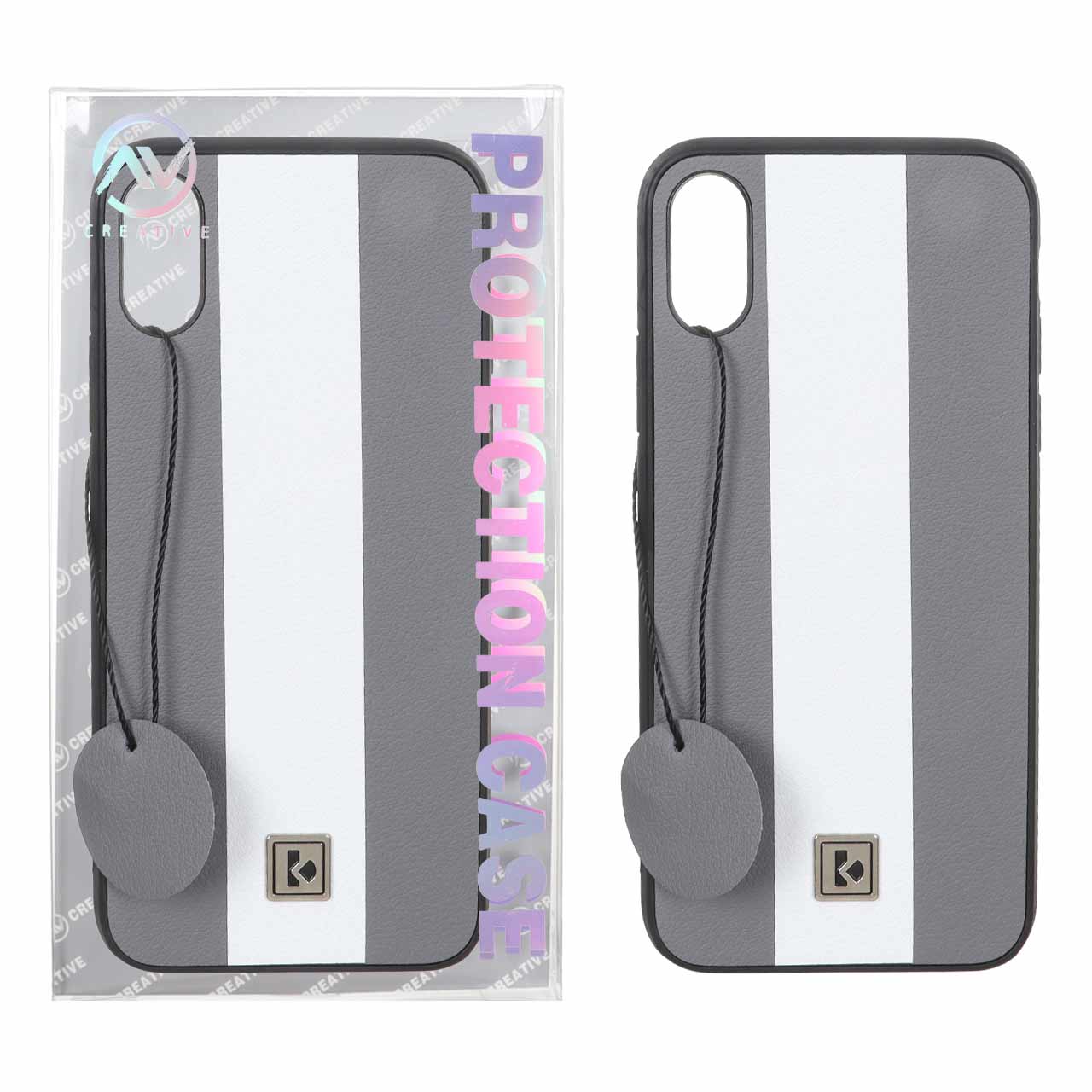 قاب Protection Case طرح چرم لوگو فلزی Apple iPhone X / iPhone XS - خاکستری سفید (پک دار)