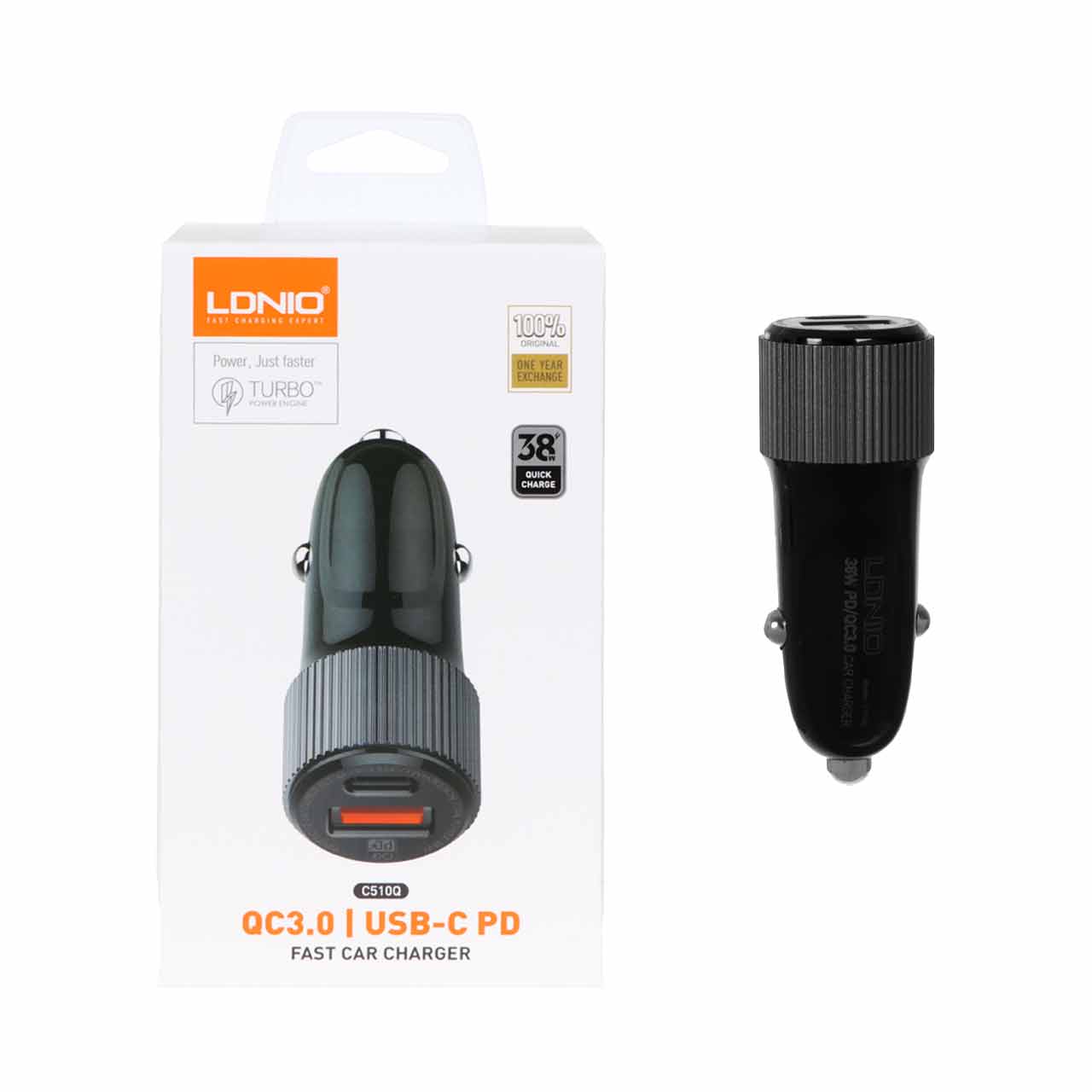 شارژر فندکی فست و PD دو پورت LDNIO مدل C510Q 38W به همراه کابل شارژ Type-C to Type-C - مشکی