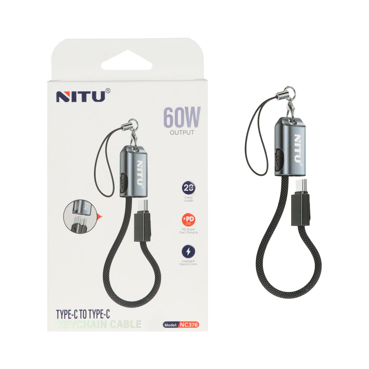 کابل شارژ فست 20 سانتی Nitu Type-C To Type-C و جاسوئیچی مدل NC376 60W - مشکی (گارانتی 18 ماه تعویض نیکان همراه)