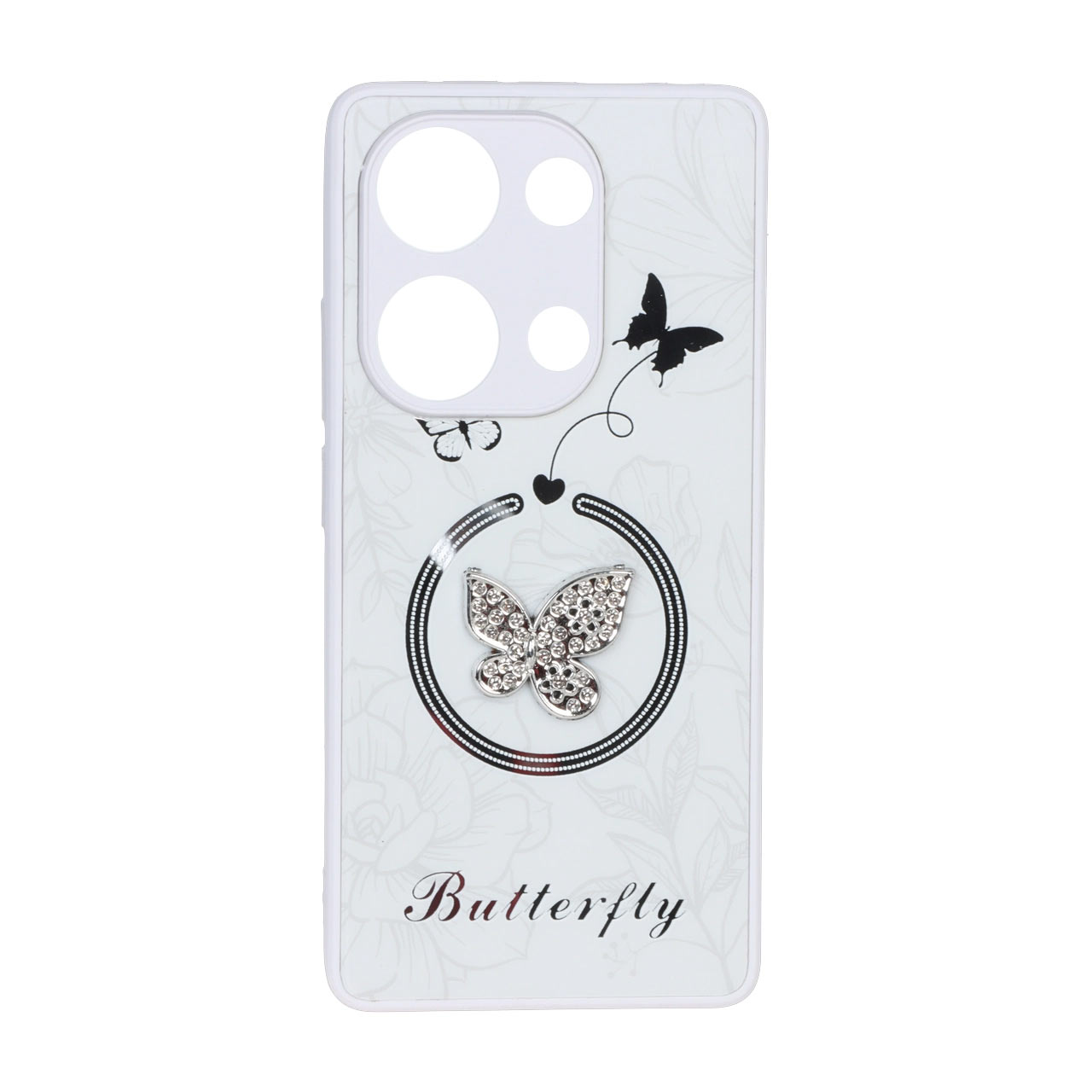 قاب Butterfly نگین دار آینه ای طرح مگ سیف Xiaomi Redmi Note 14S / Note 13 Pro 4G / Poco M6 Pro 4G - سفید