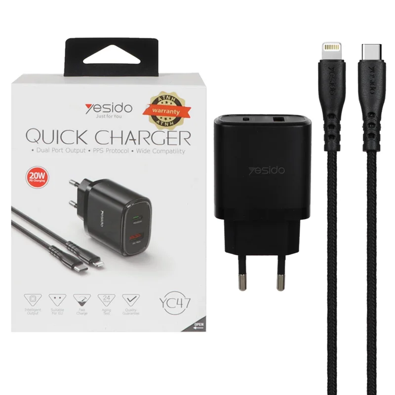 شارژر دیواری فست و PD دو پورت Yesido مدل YC47 20W به همراه کابل شارژ آیفون - مشکی