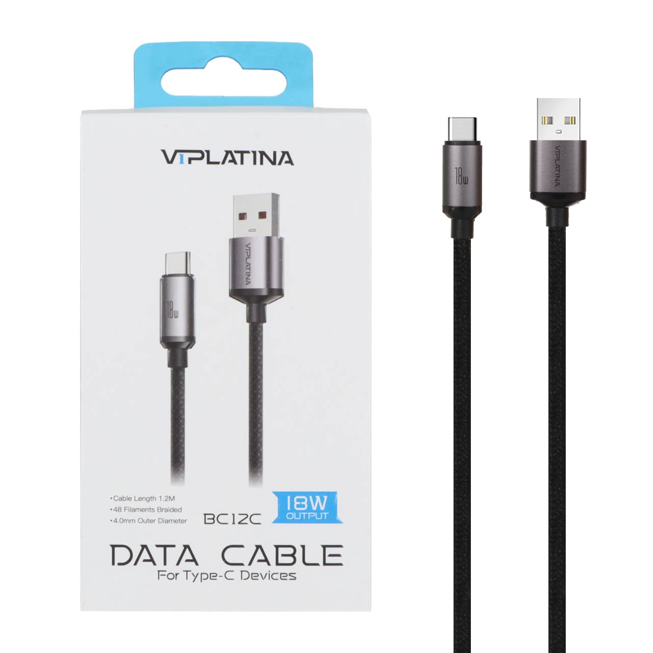 کابل شارژ فست VIPLATINA Type-C مدل BC12C 18W - مشکی (گارانتی 18 ماه تعویض نیکان همراه)